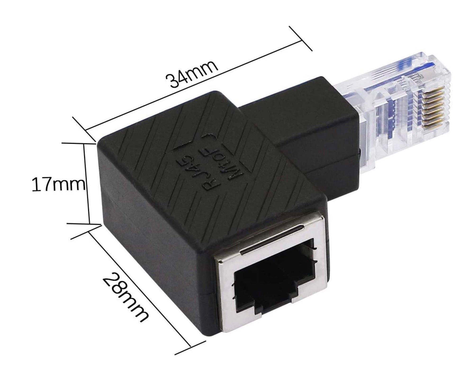 A set of five RJ45 male to female extension adapters in black color, with various angled options for network connectivity.