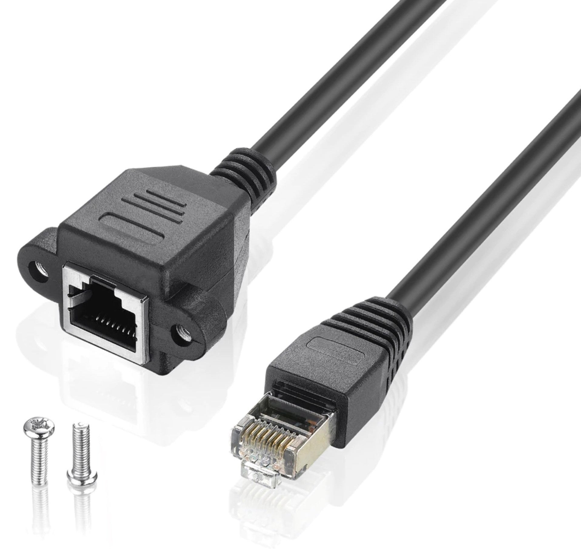 An RJ45 male to female panel mount Ethernet extension cable, primarily black in color, with screws included for mounting.
