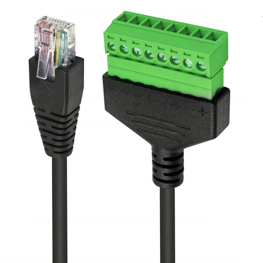 An RJ45 male to 8 pin terminal block network ethernet extender cable with various connectors and a screwdriver, all in black color.