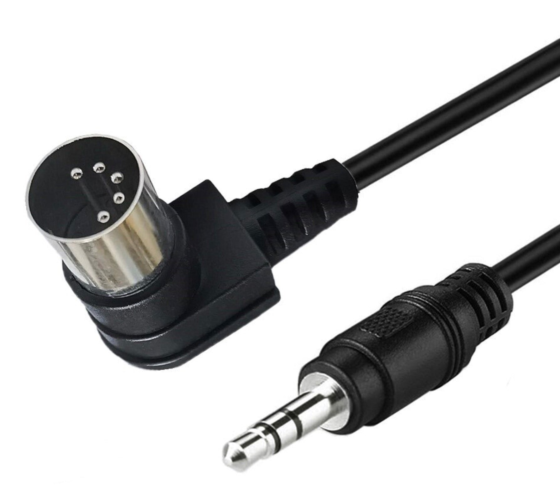A black 5-pin Din to 3.5mm male converter cable with precision-moulded terminations and a keyed 5-pin DIN connector on each end.