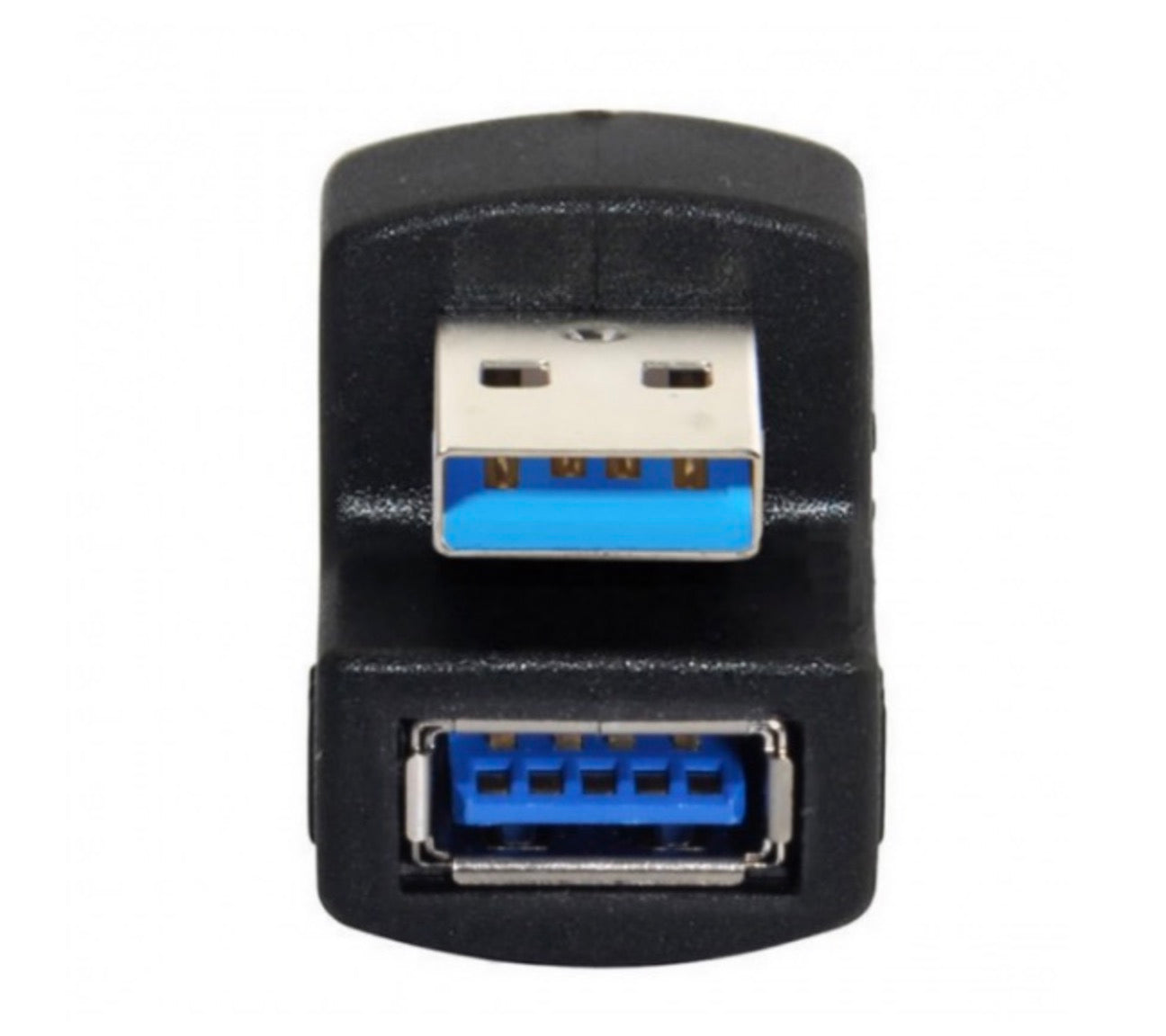 A black USB 3.0 A male to female angled extension adapter with a blue USB connector.