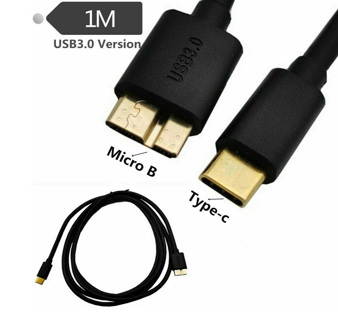 Short USB-C to Micro-B storage cable with moulded strain relief.