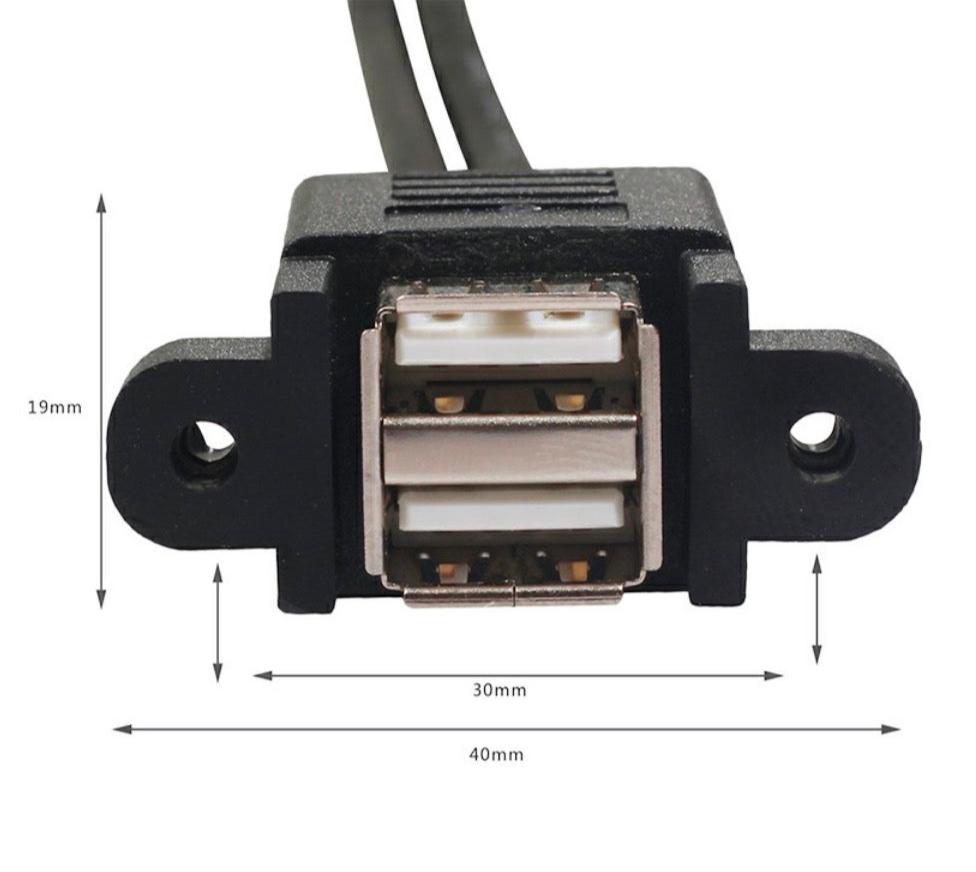 Two-port USB Type-A panel mount extension cable for tidy front panel access