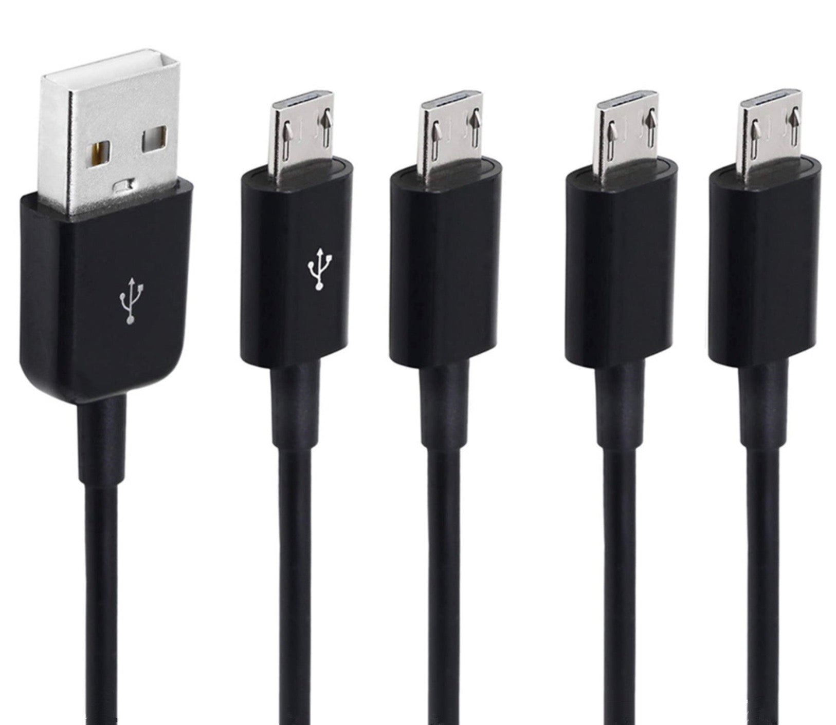 A black USB-A to USB micro splitter cable with four USB micro connectors.