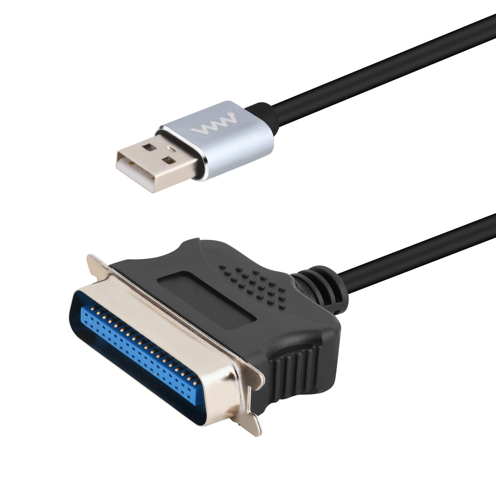 USB-A to DB36 36-pin parallel printer cable angled on white background.