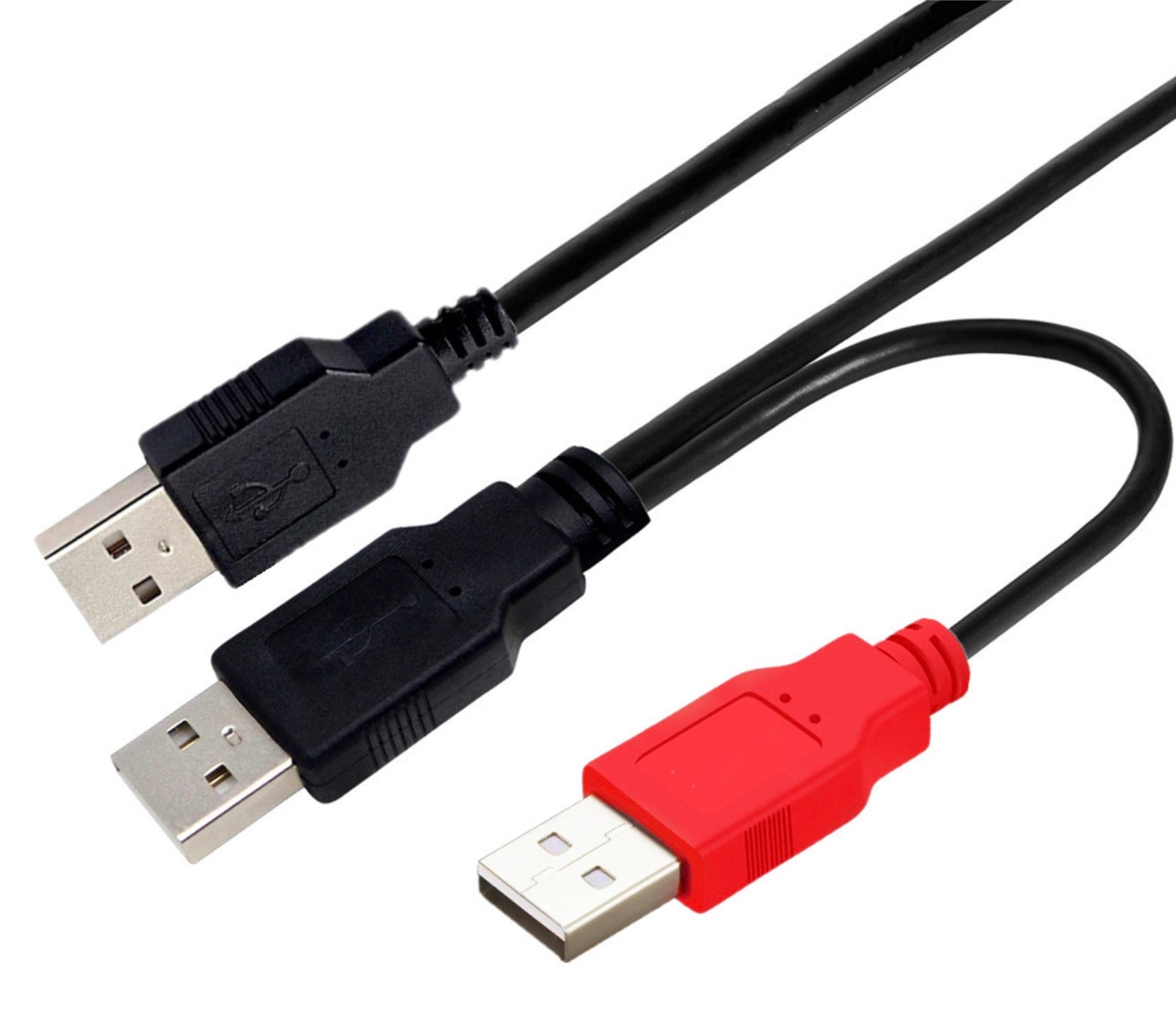 A USB 2.0 A Male to Dual USB 2.0 A Male Y Splitter Cable with one black connector and one red connector.