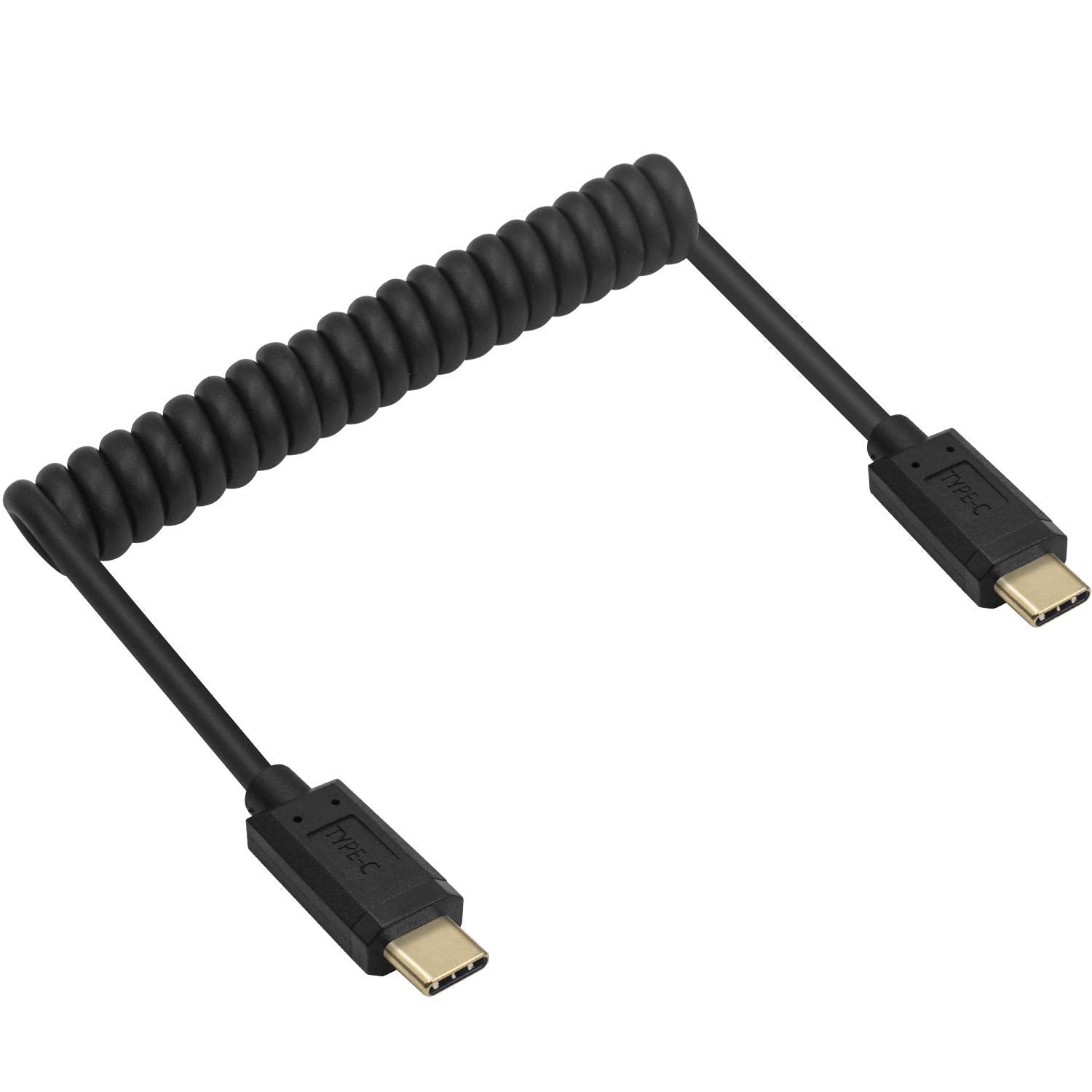 USB-C coiled data and charging cable close-up