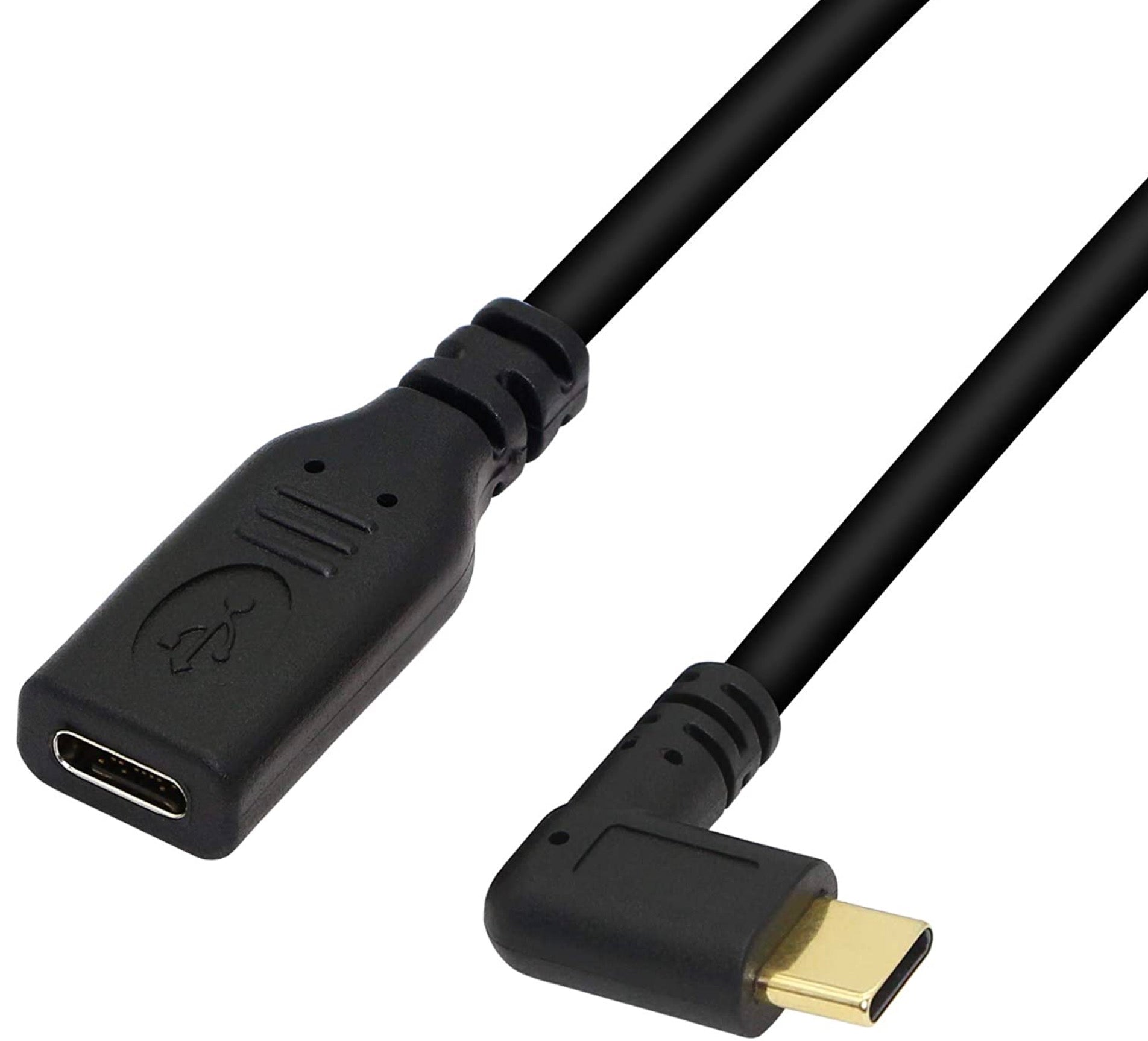 A black USB-C Male to Female extension cable with different angles and a 0.25m length.