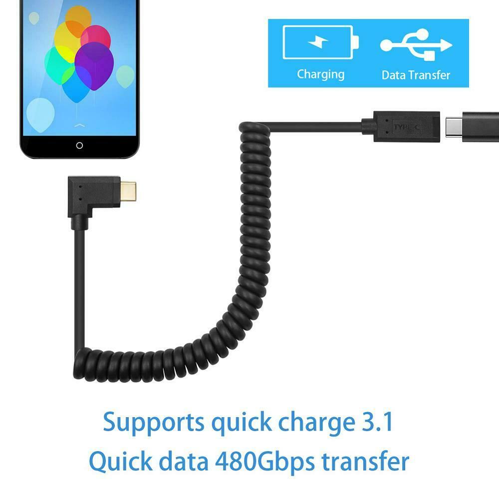 USB-C male to female coiled extension cable with right angle connector