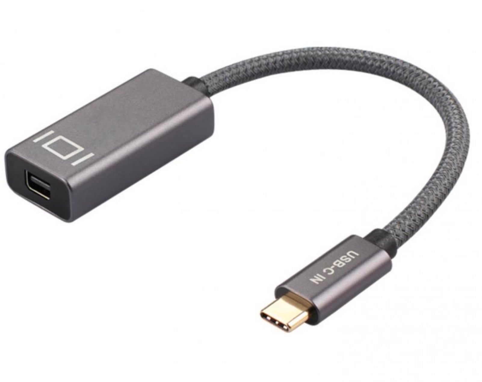 A gray USB C to Mini DisplayPort video adapter converter with a braided cable sheath.