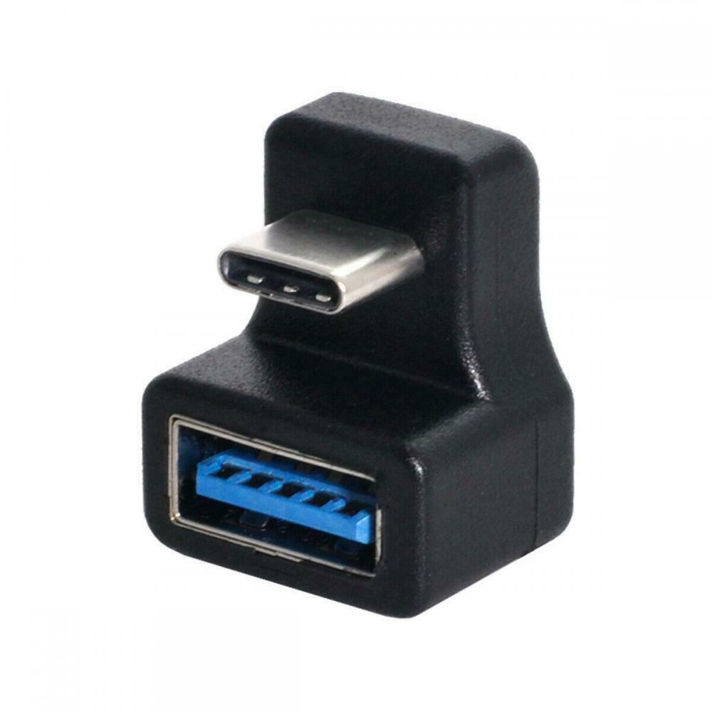 A black USB-C to USB-A 3.0 female angled data OTG extension adapter.