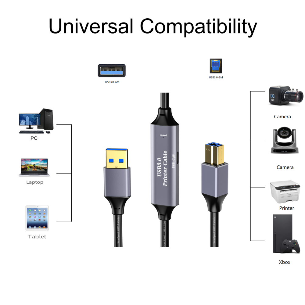 USB 3.0 A Male to B Male Extra Long Cable For Printers, Scanners,  External Hard Drives