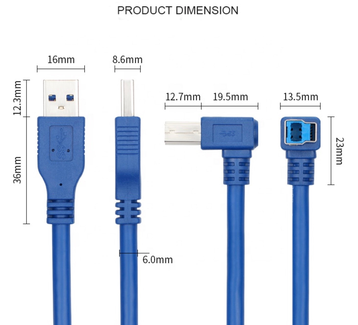 USB-A 3.0 Male to USB Type B Male Printer Cable (Right Angle) 0.6m