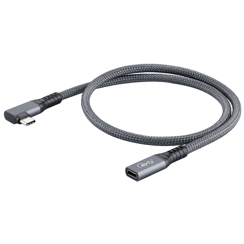 A gray USB4 extension cable with Thunderbolt 4 male to female connectors, featuring a braided design for durability.
