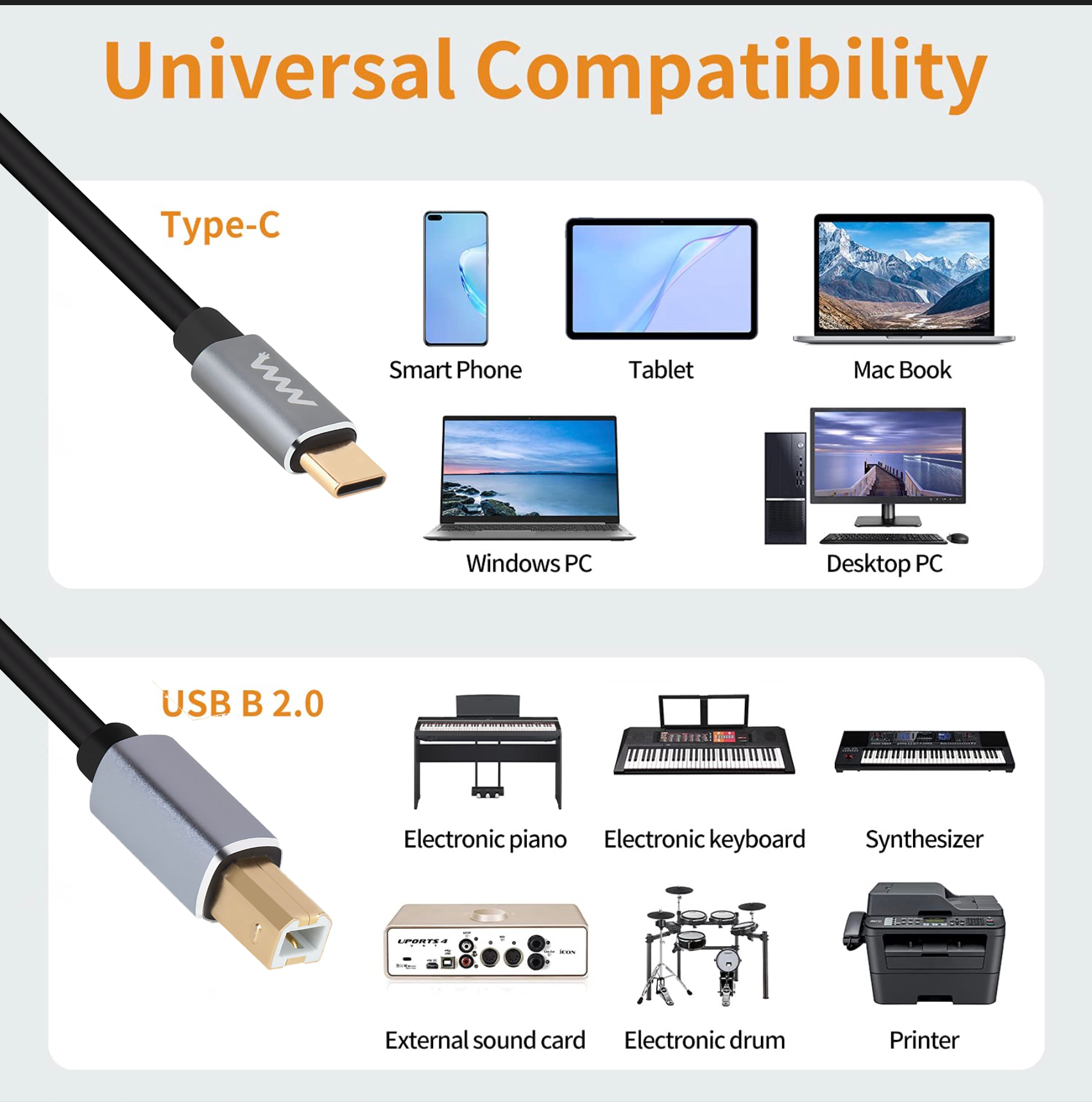 USB Type C to USB 2.0 Type B Male MIDI Interface Printer Scanner Cable 1m