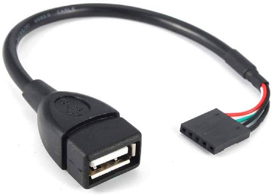 USB 2.0 A female connector with attached 5-pin Dupont female header cable, black jacket and molded strain relief.