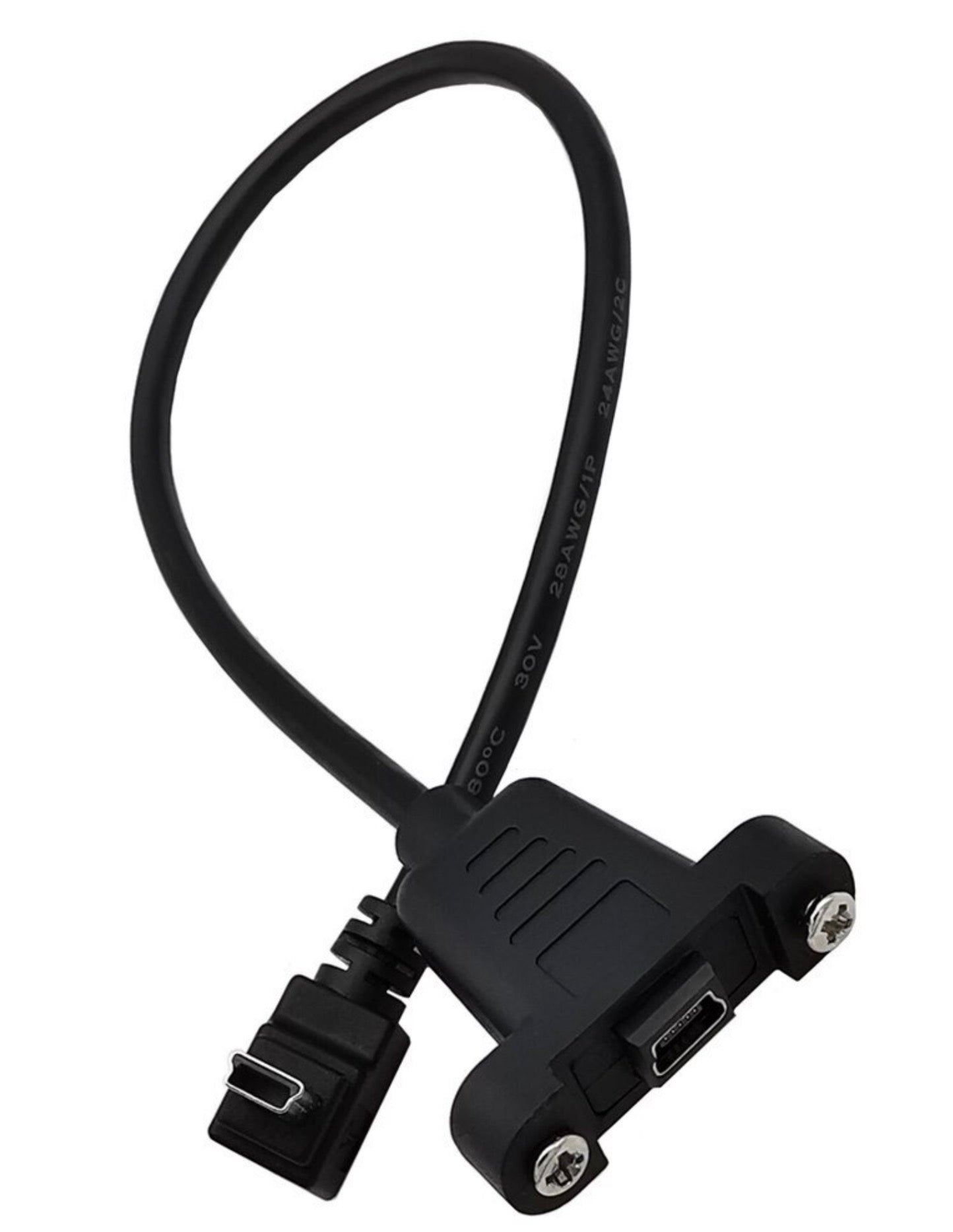 USB 2.0 Mini-B right-angle male to straight female panel mount cable 0.3m with screws7