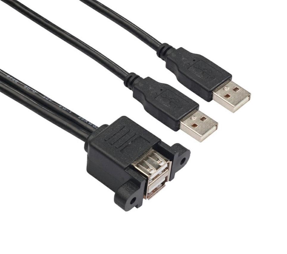 USB 2.0 Type A male to dual Type-A female panel mount extension cable