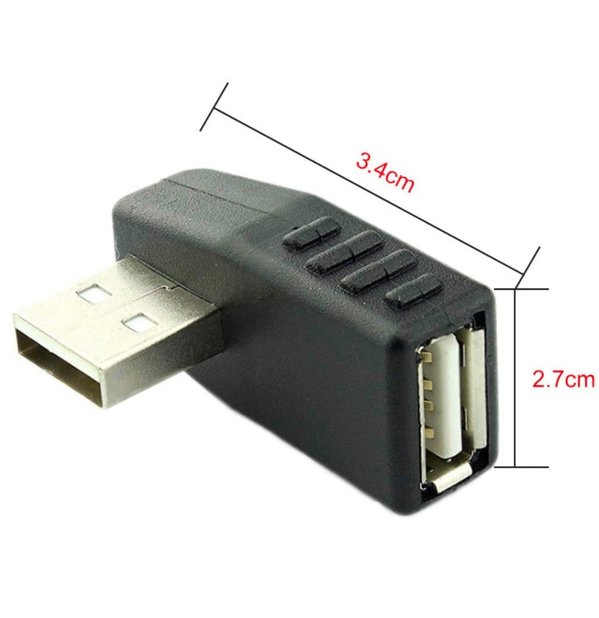 Black USB adapter with measurements on a white background
