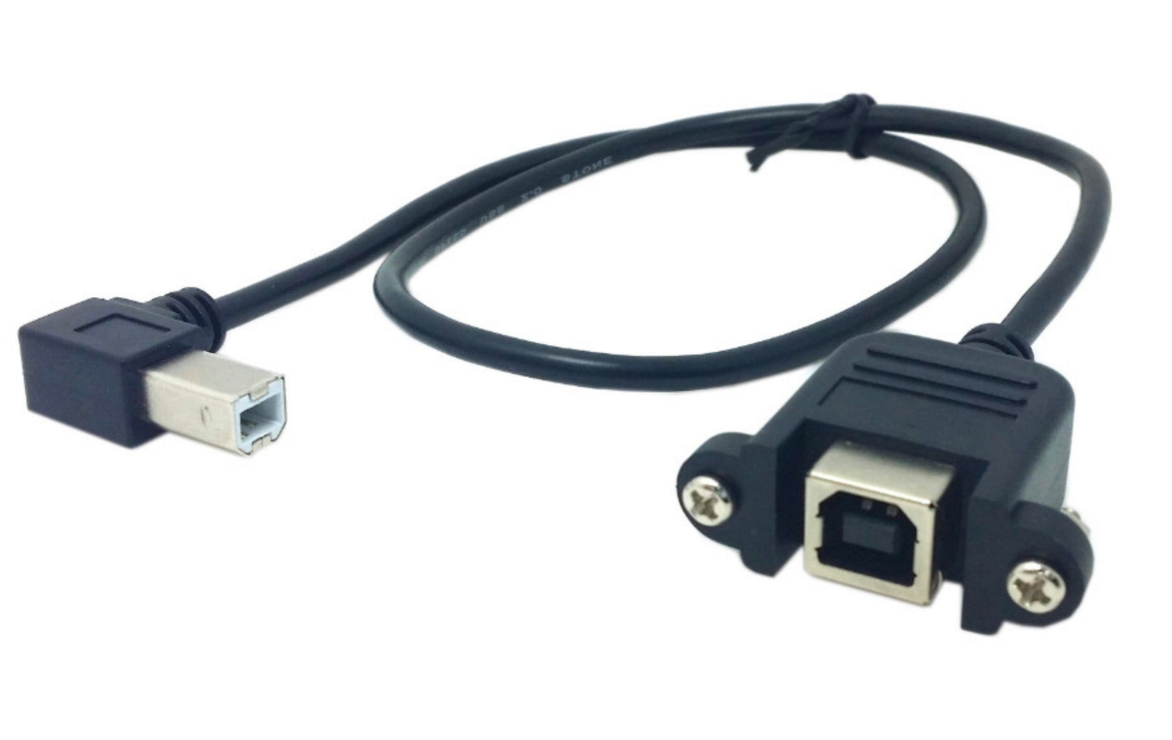 A black USB 2.0 Type B angled male to female panel mount printer extension cable, with one end being panel mount and the other end having a standard USB connector.