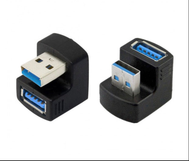 A black USB 3.0 A male to female angled extension adapter with a blue USB connector.