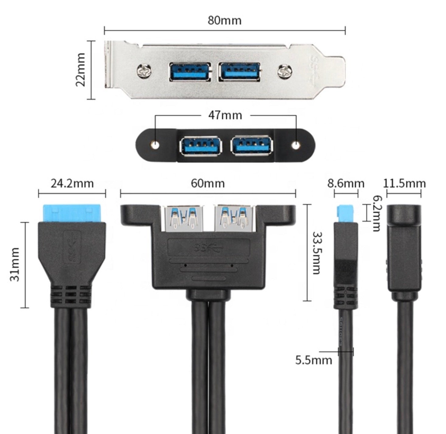 Measurement chart of USB connectors and cables on a white background