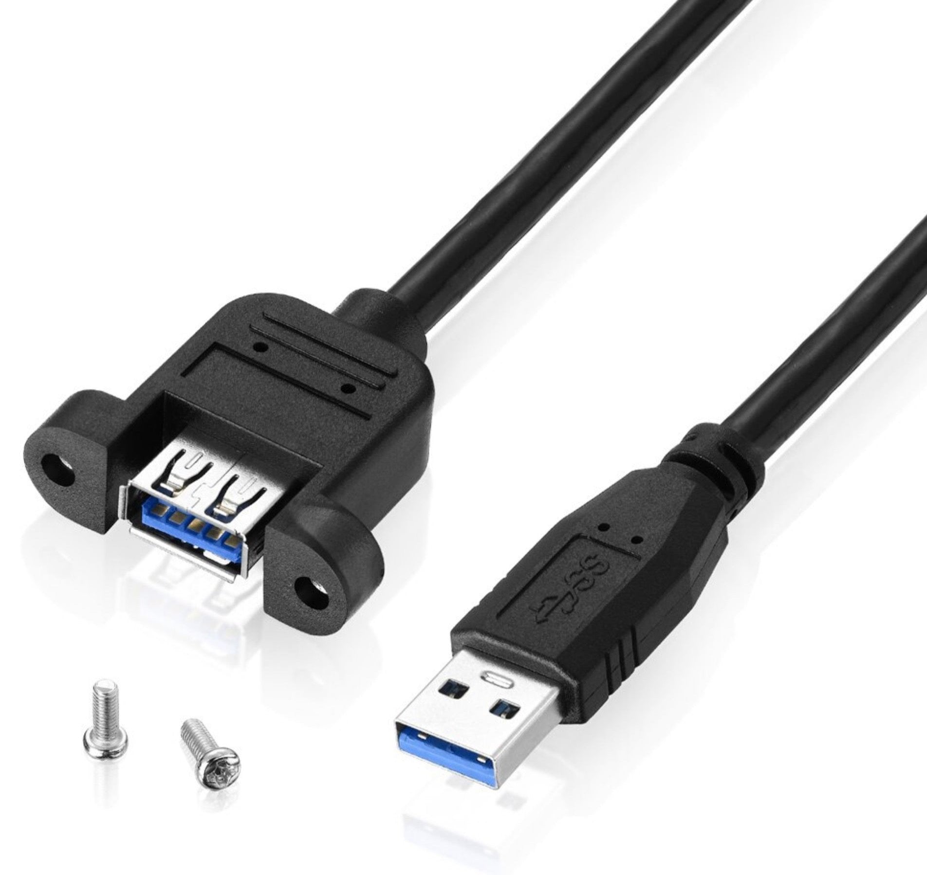 A black USB 3.0 Type A Male to Female Panel Mount Extension Cable, with one male and one female connector visible along with screws for panel mounting.