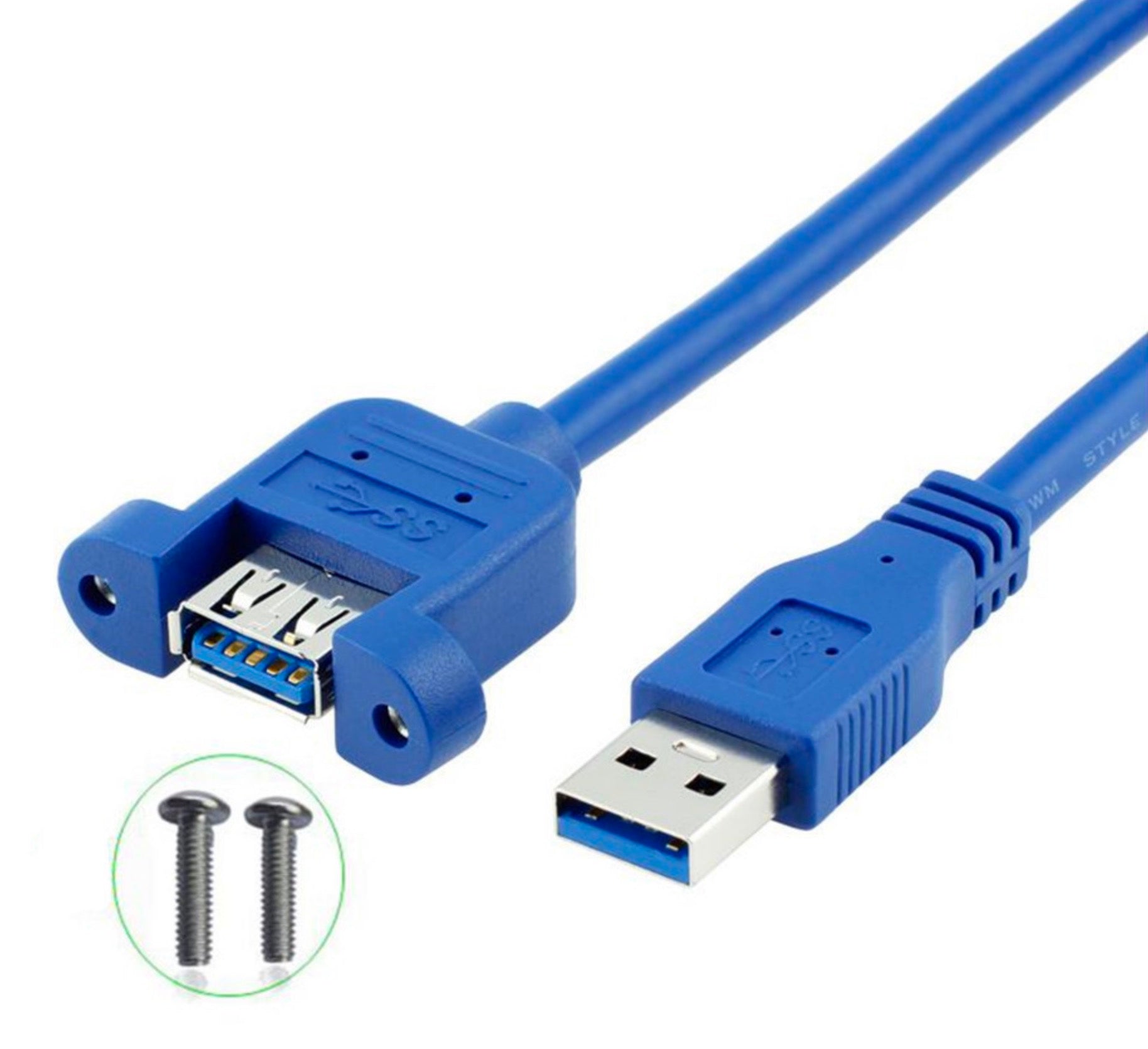 A blue USB 3.0 extension cable with a male connector on one end and a female connector with screw holes on the other end, designed for panel mounting.