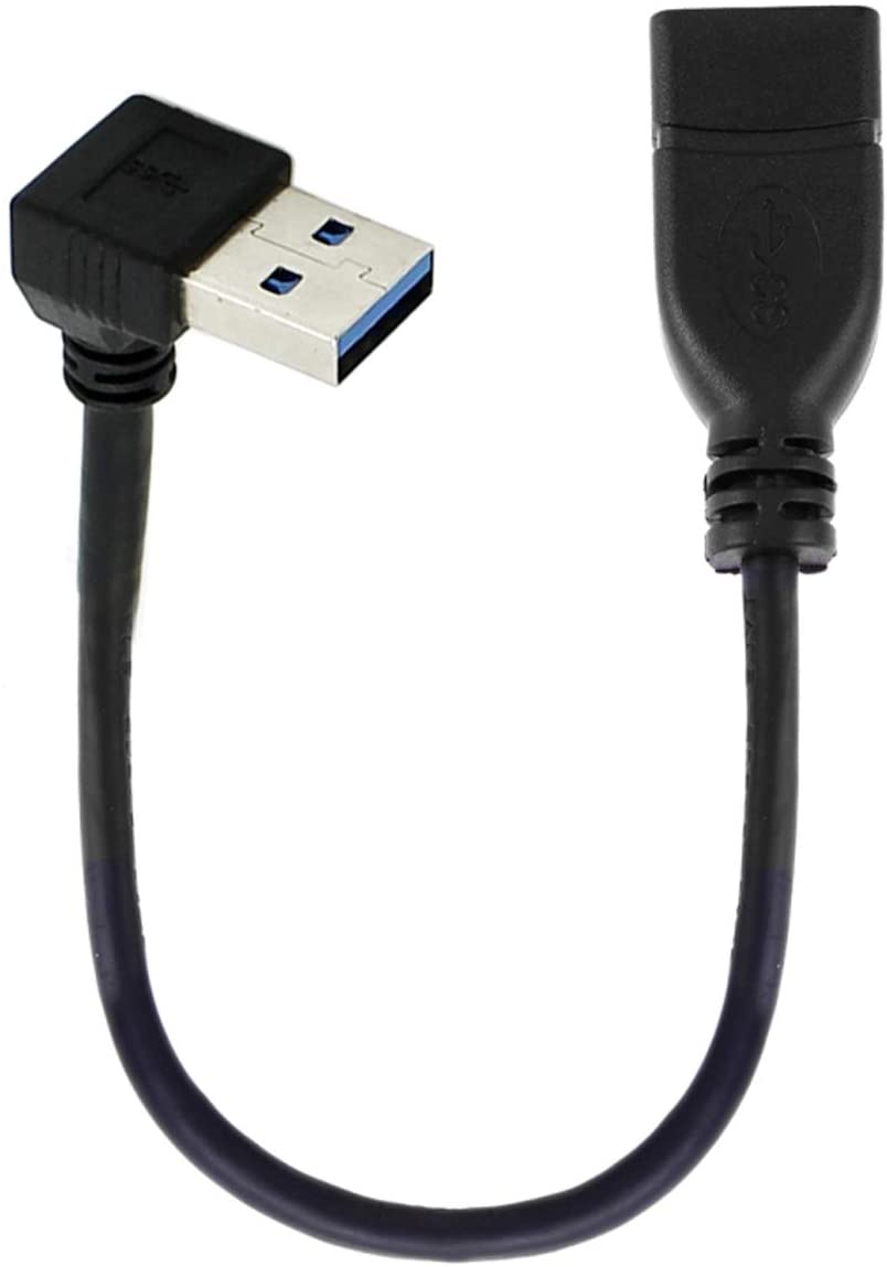 A black USB 3.0 Type A Male to Female 90 Degree Angled Extension Cable, 15cm in length.