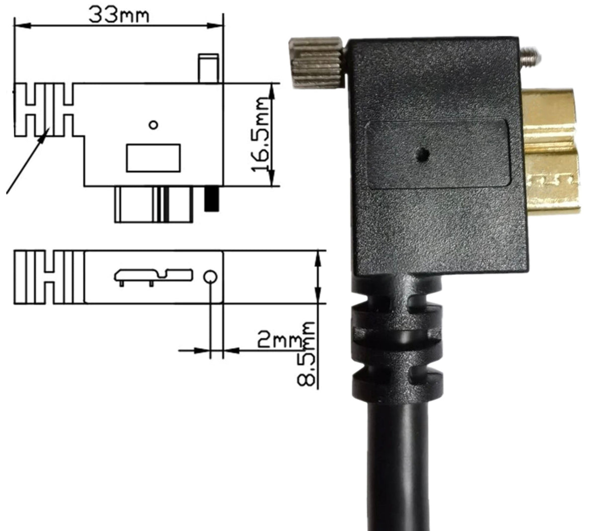 Left angle USB Micro-B SuperSpeed cable with screw lock