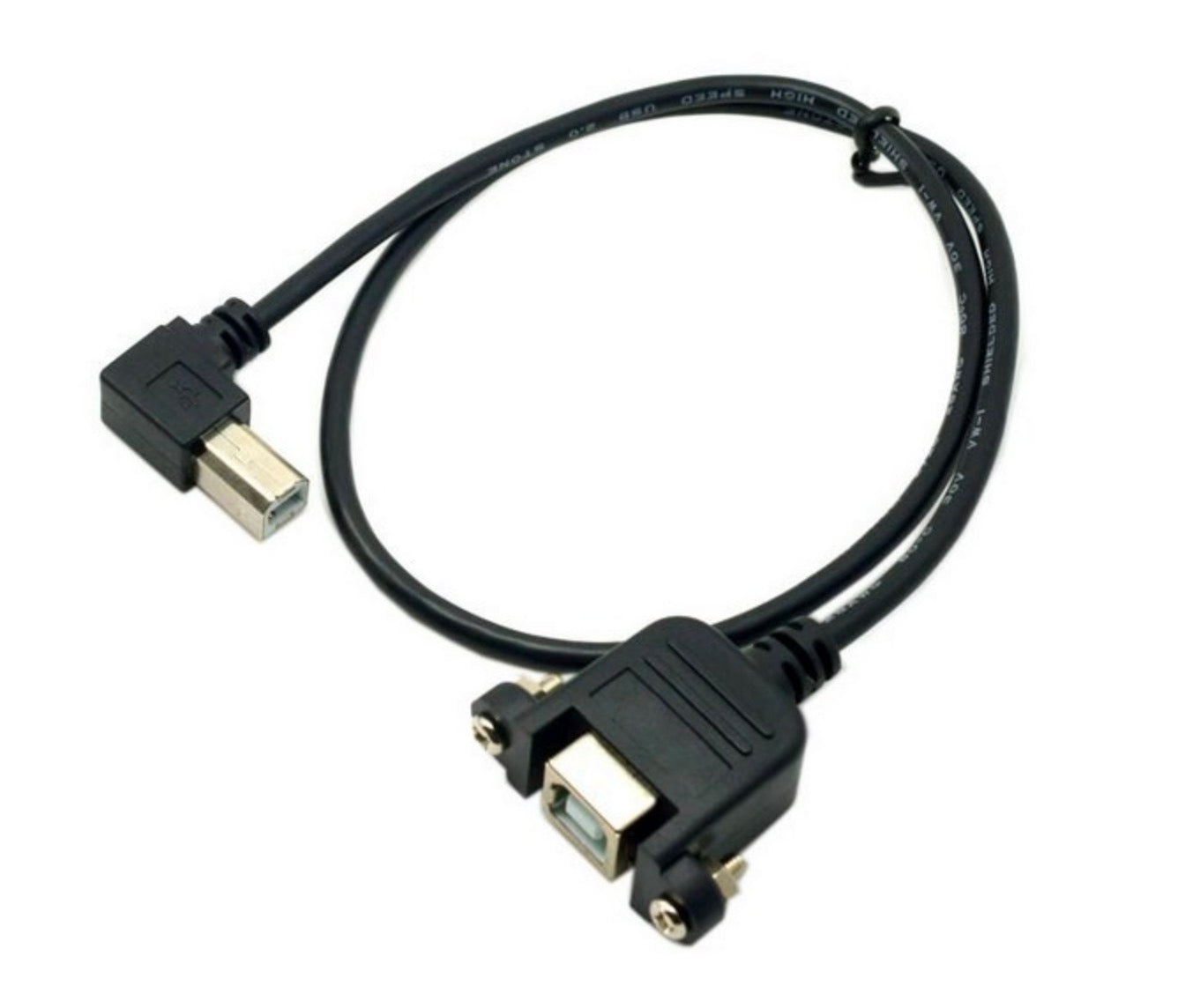 A black USB 2.0 Type B angled male to female panel mount printer extension cable, with one end being panel mount and the other end having a standard USB connector.