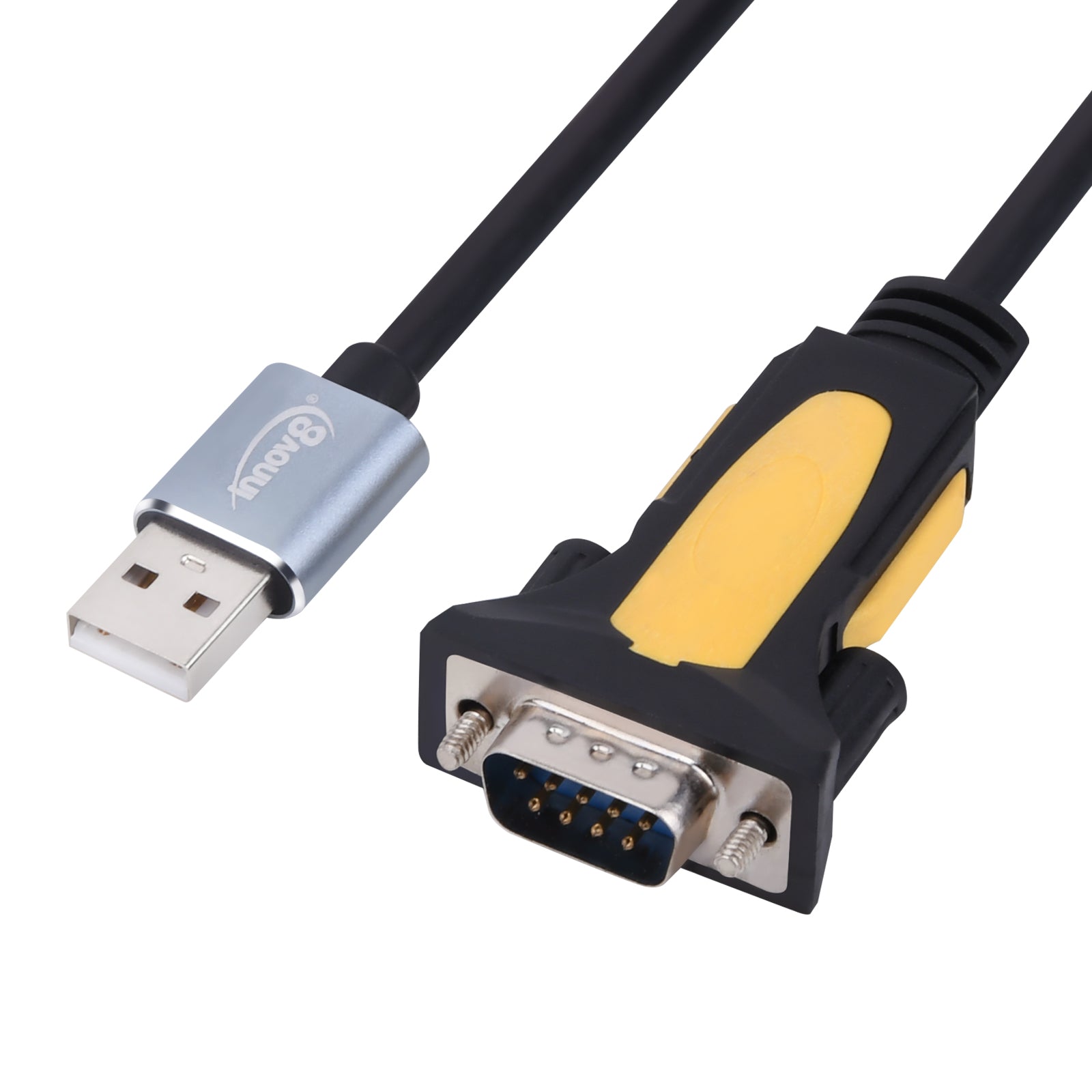 USB to DB9 serial cable coiled showing 1.5 m length