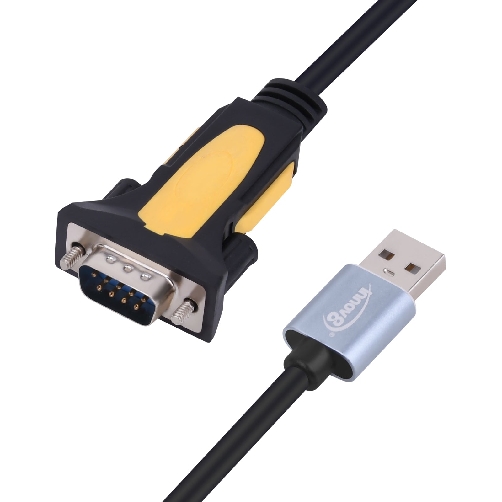 USB to RS232 DB9 serial adapter cable on white background.