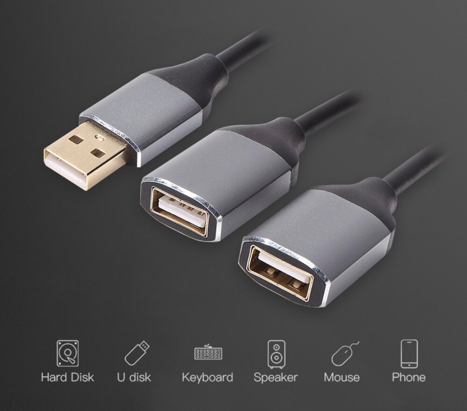 USB 2.0 Male to Dual Female Charging Data Y Splitter Cable 0.3m