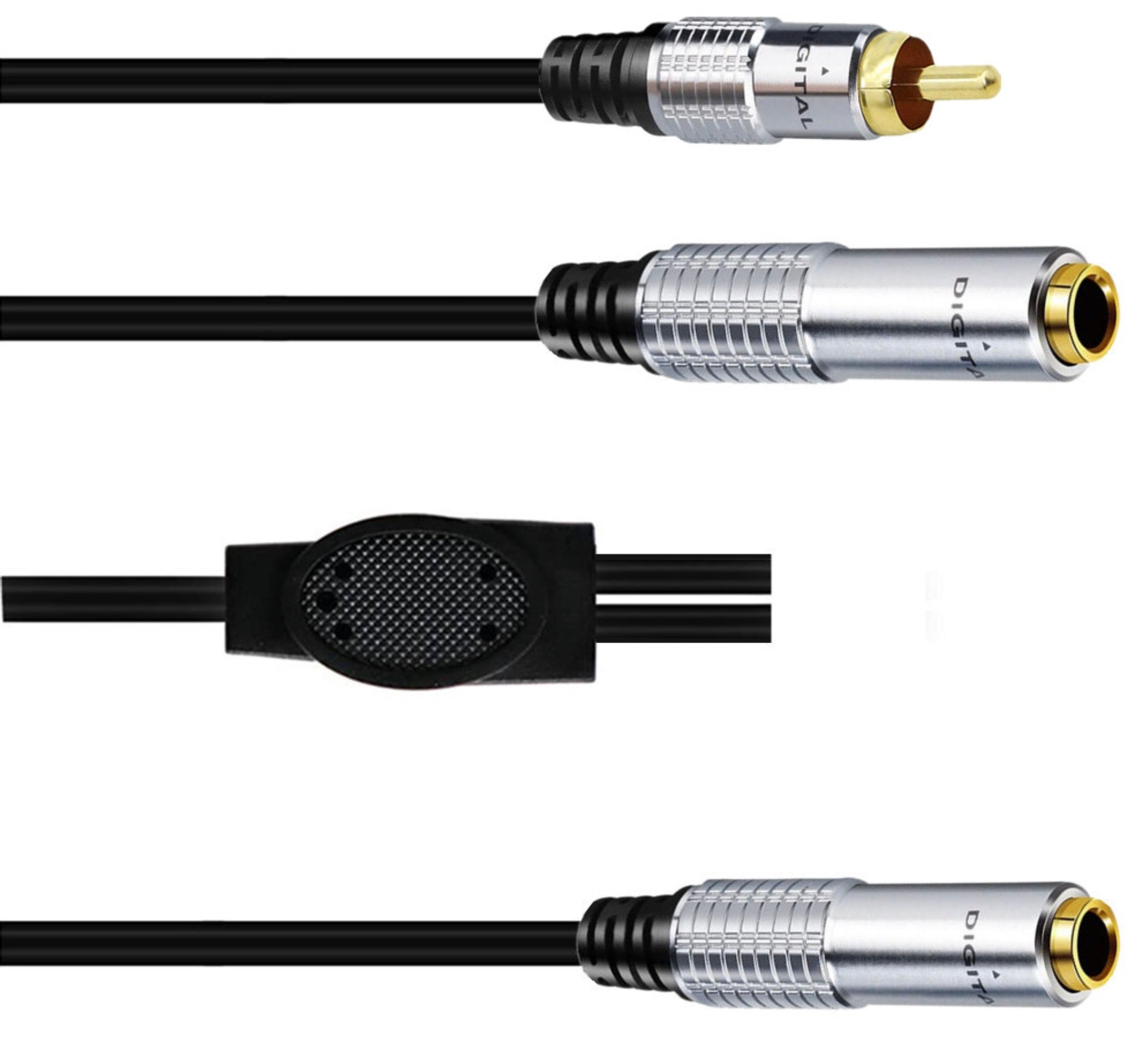 Detailed view of 6.35mm TRS and RCA connectors with metal housings