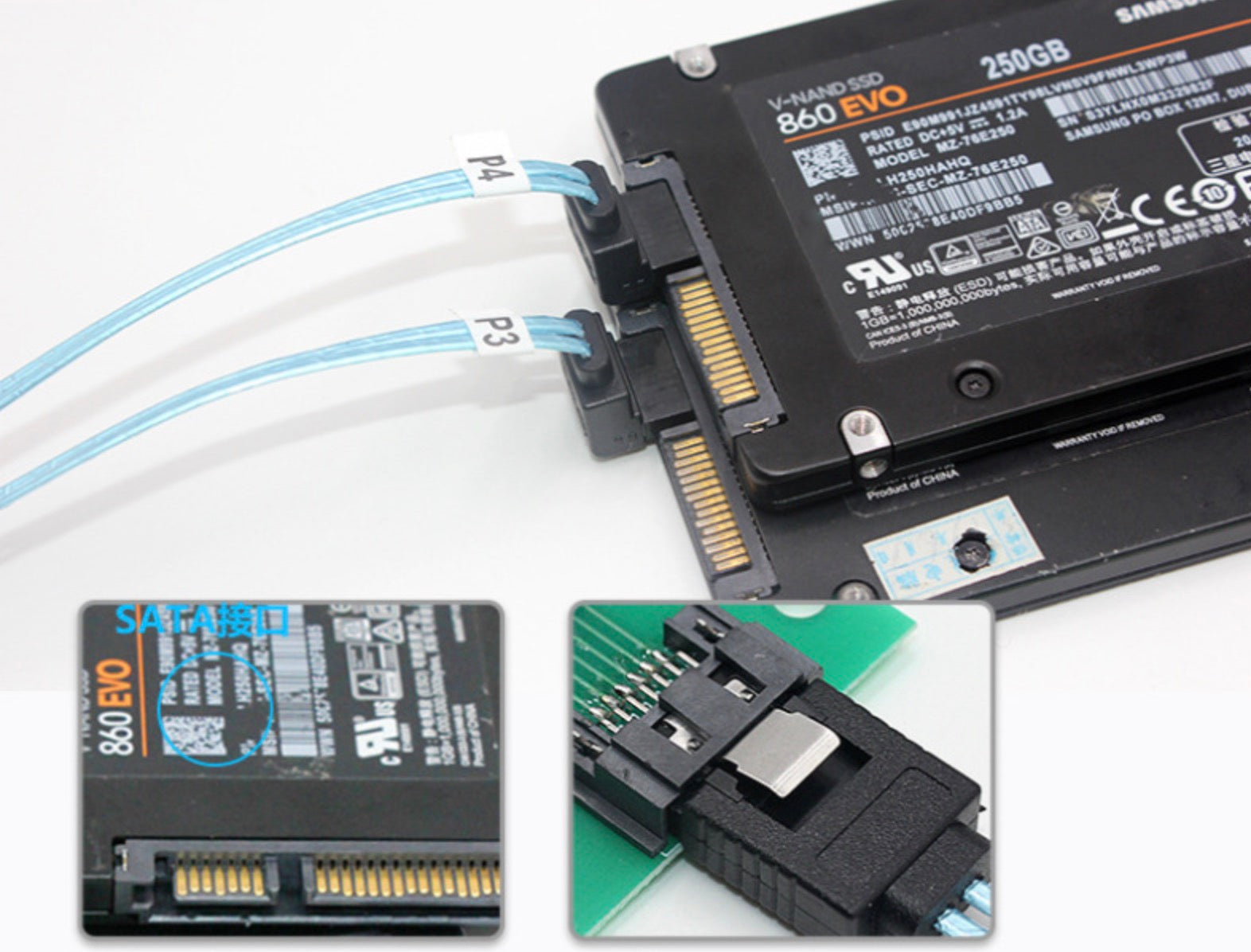 Braided four-way SATA data cable used in a workstation storage installation