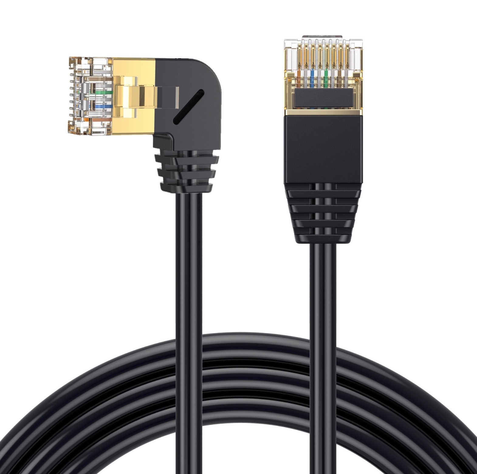 Close-up of CAT8 flat Ethernet cable with gold-plated RJ45 connectors