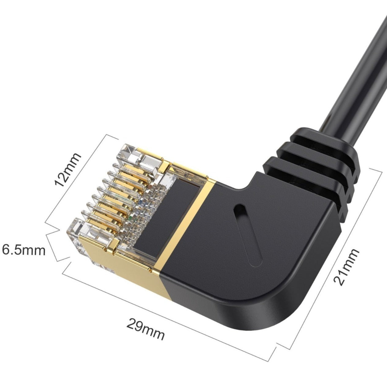 CAT8 flat Ethernet cable showing low-profile right-angle RJ45 connector