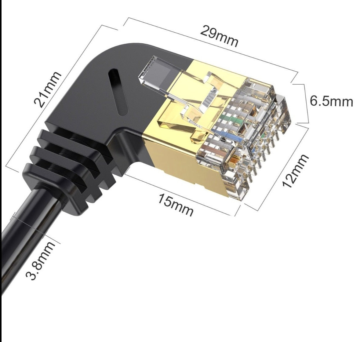 Detailed view of CAT8 RJ45 connector with gold-plated contacts