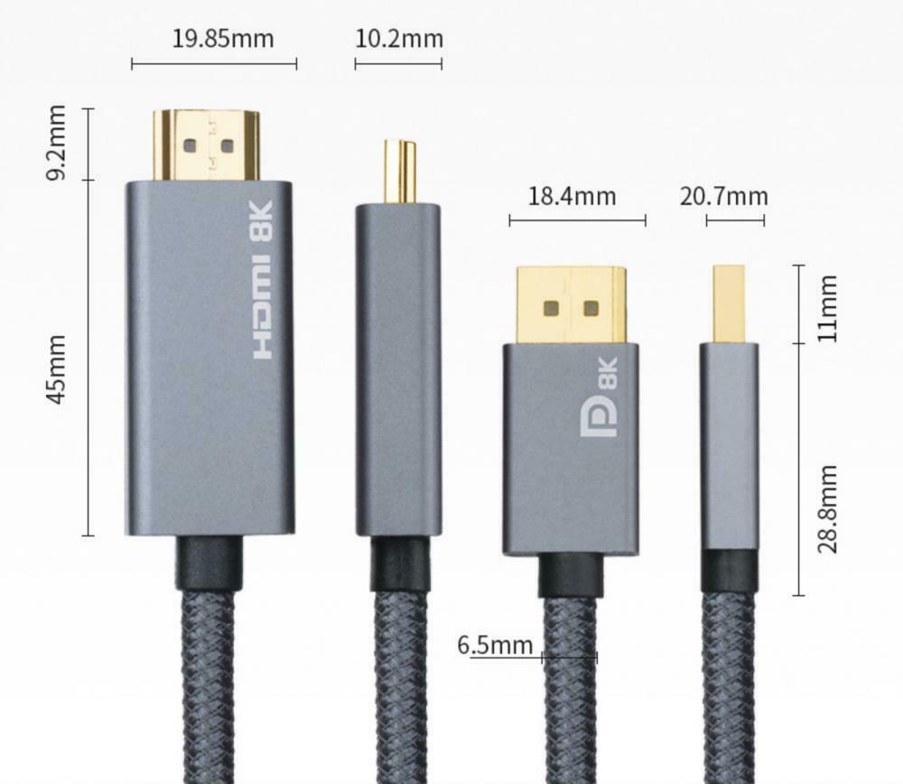 8K DisplayPort to HDMI braided cable available in 2 metre and 3 metre length options
