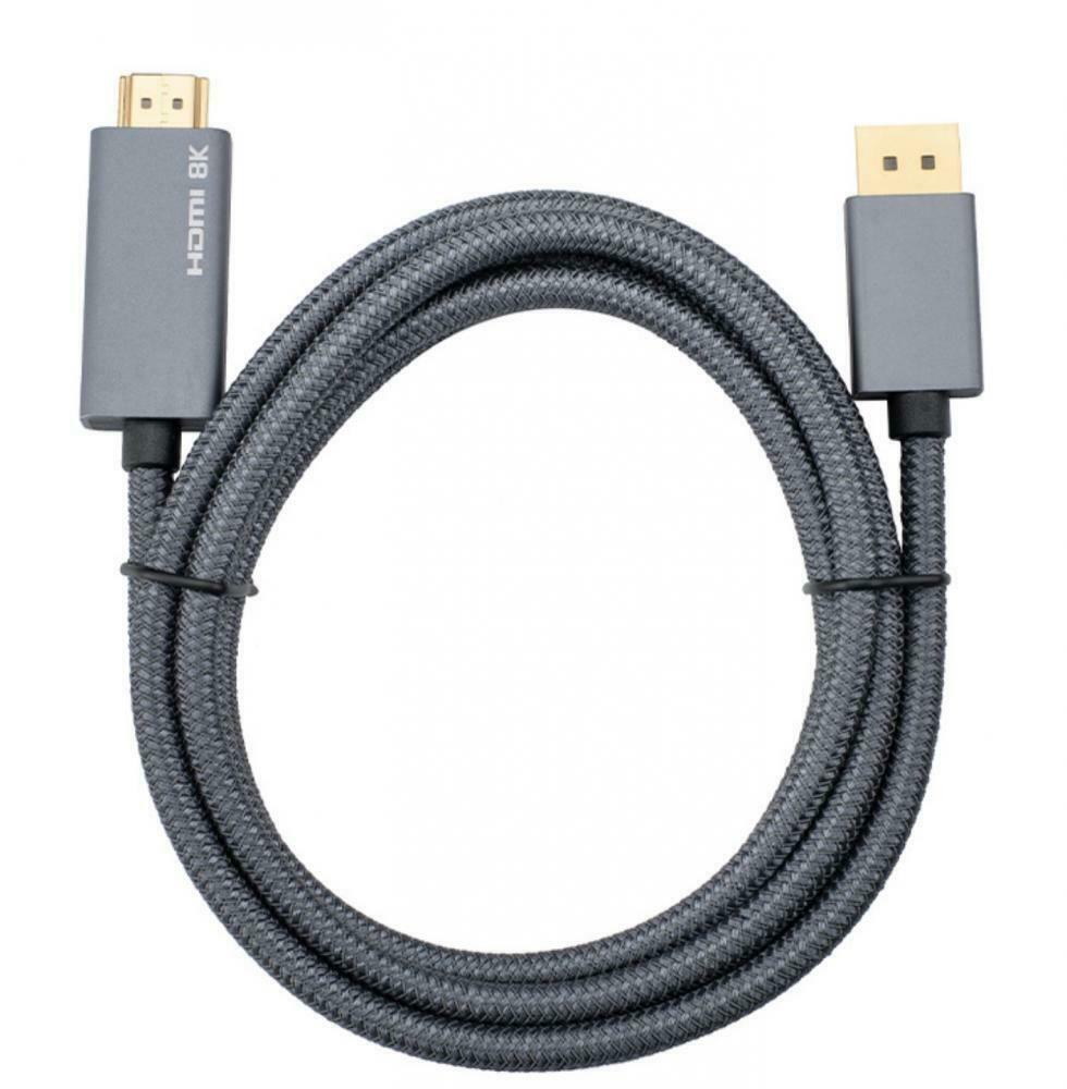 8K DisplayPort to HDMI cable showing full braided cable design and connector layout