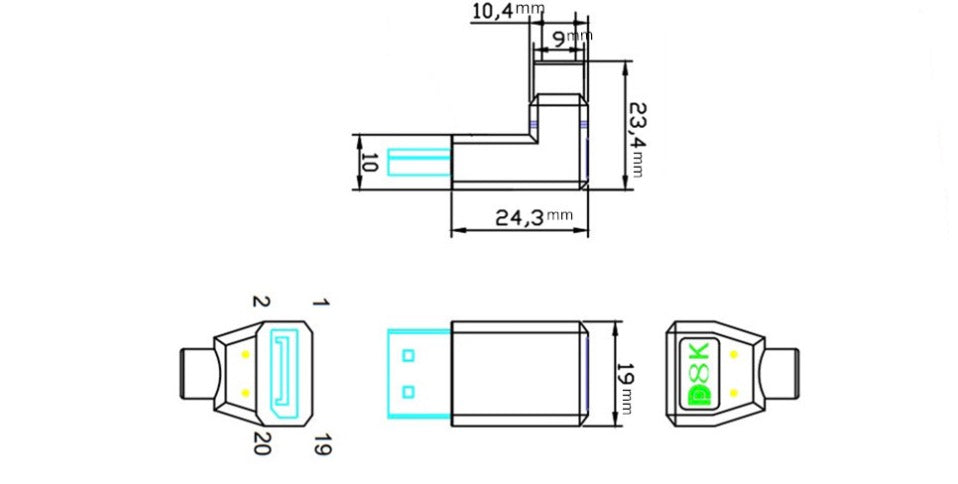 DisplayPort 1.4 up angled cable with connector orientation and dimensions