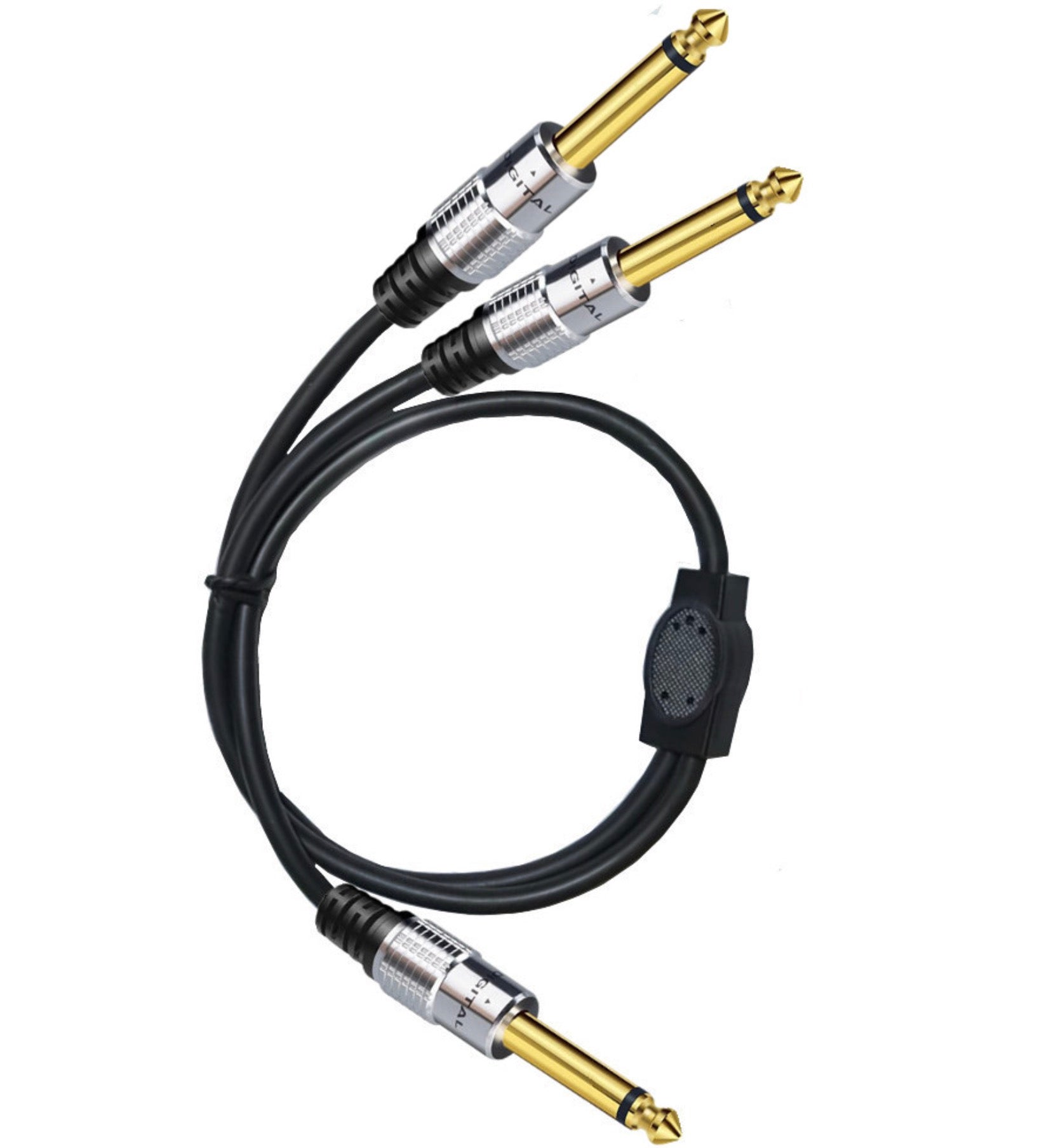 Close-up of dual 6.35mm TS mono male connectors with gold-plated contacts
