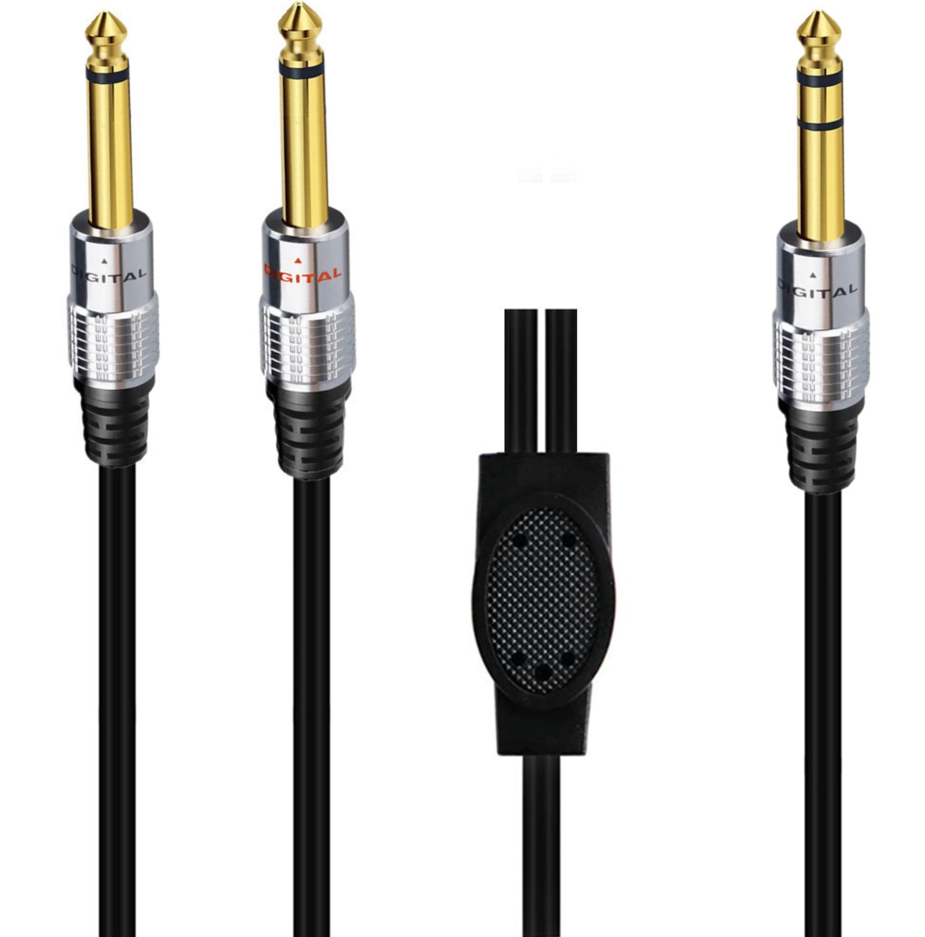Close-up of dual 6.35mm TS mono male connectors with gold-plated contacts