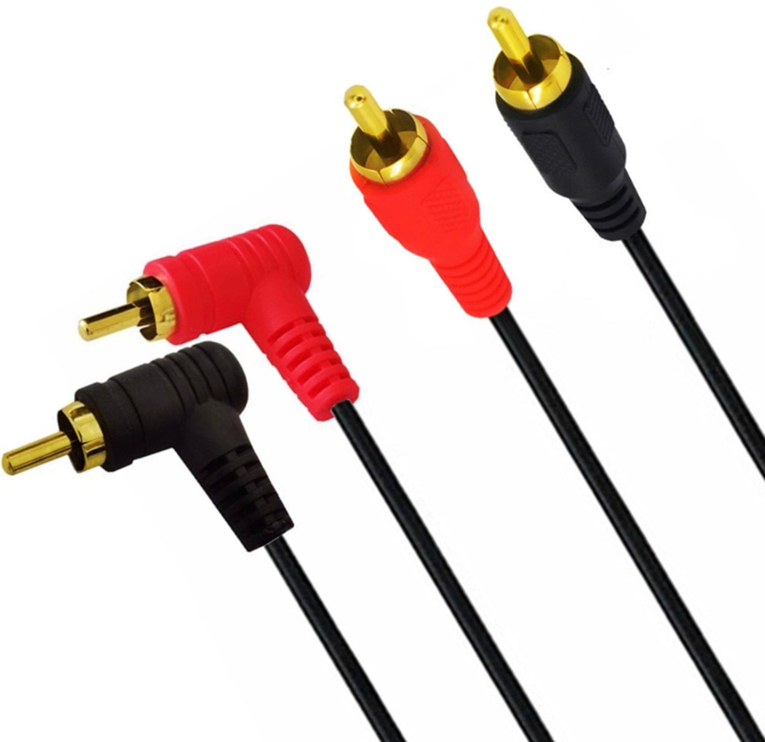 Dual RCA stereo audio cable connected to a television and amplifier