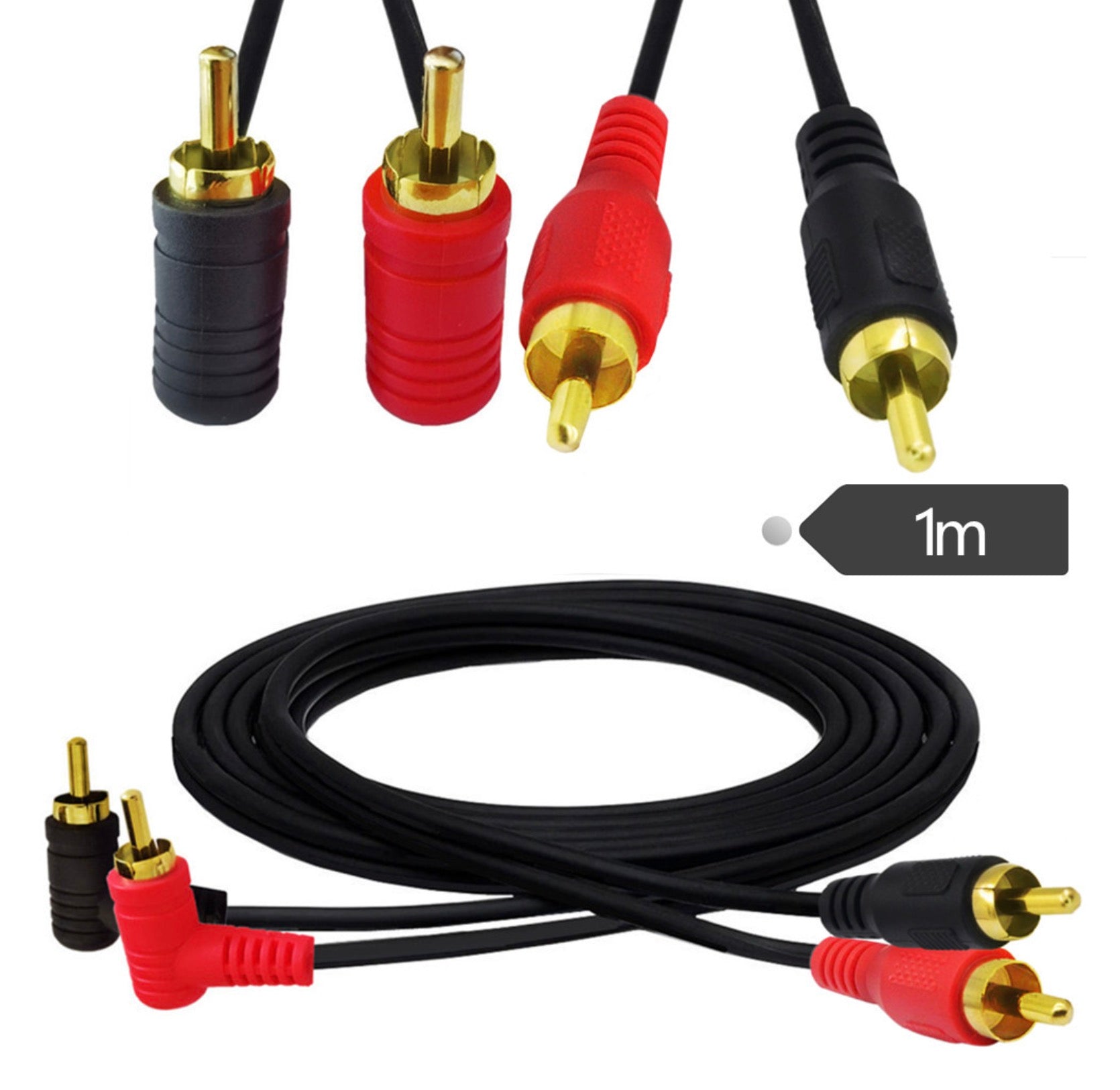Dual RCA male stereo cable showing straight and right-angle connector configuration