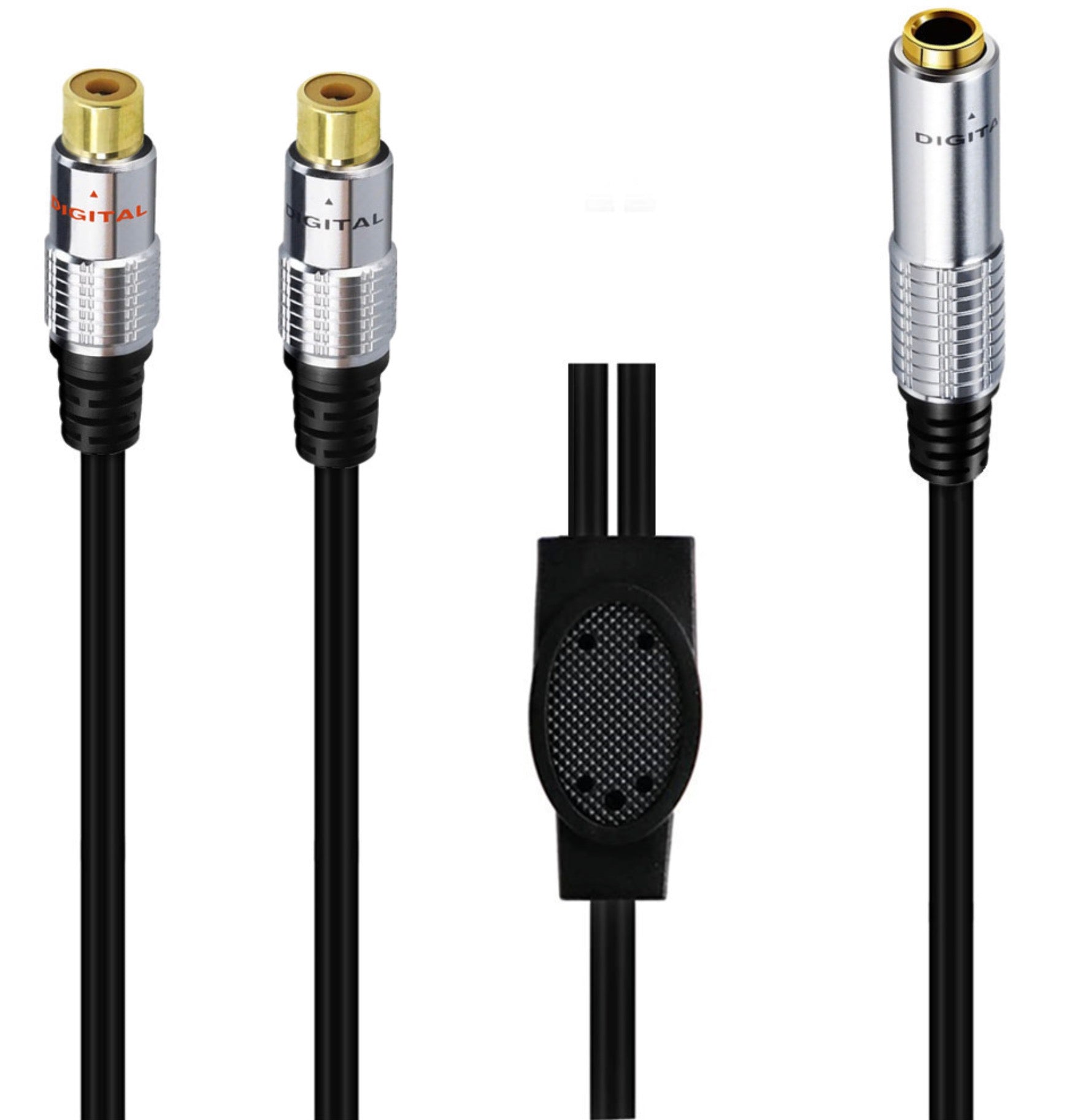 Close-up of dual RCA female sockets and 6.35mm TRS female connector