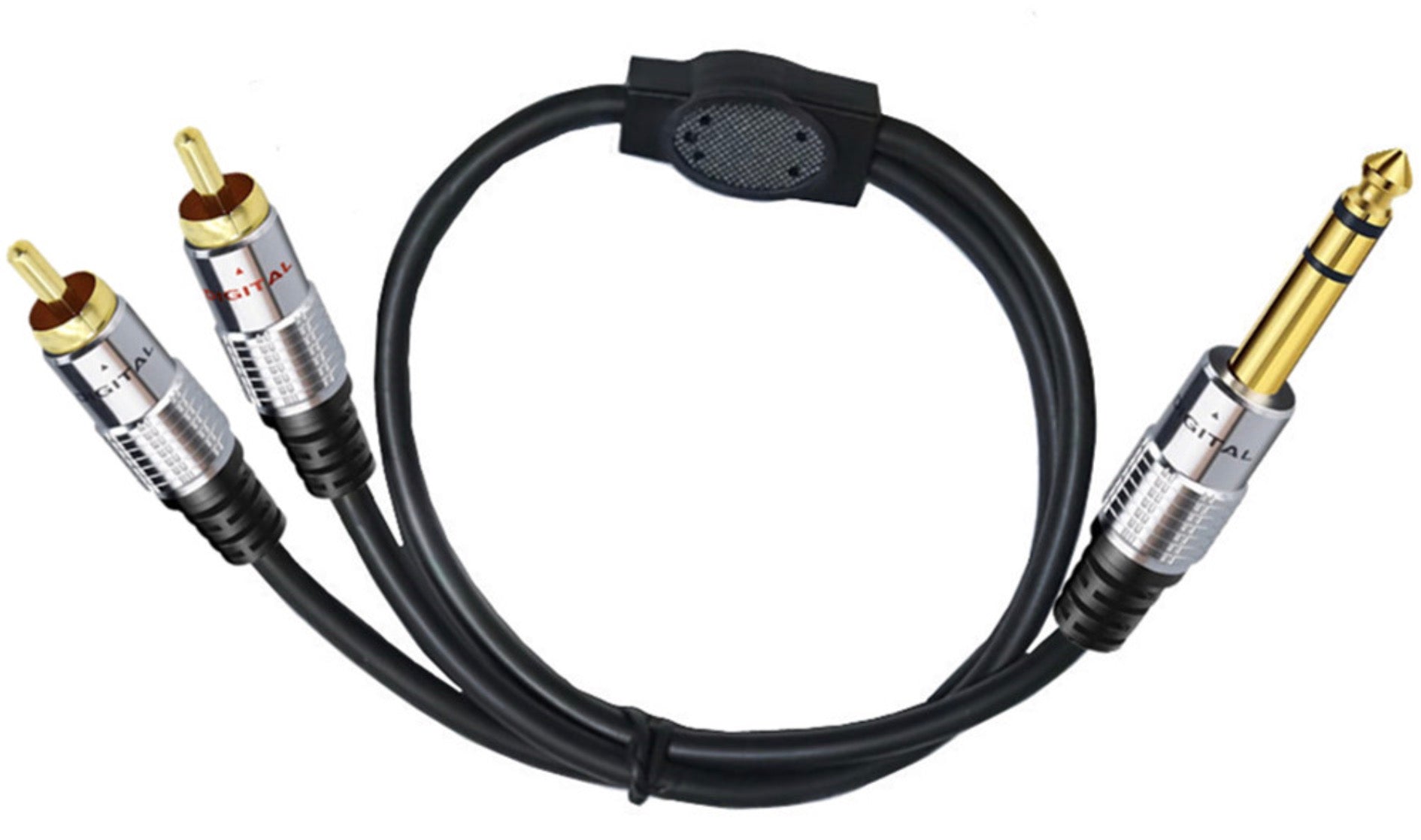 Close-up of dual RCA male plugs and 6.35mm TRS male connector