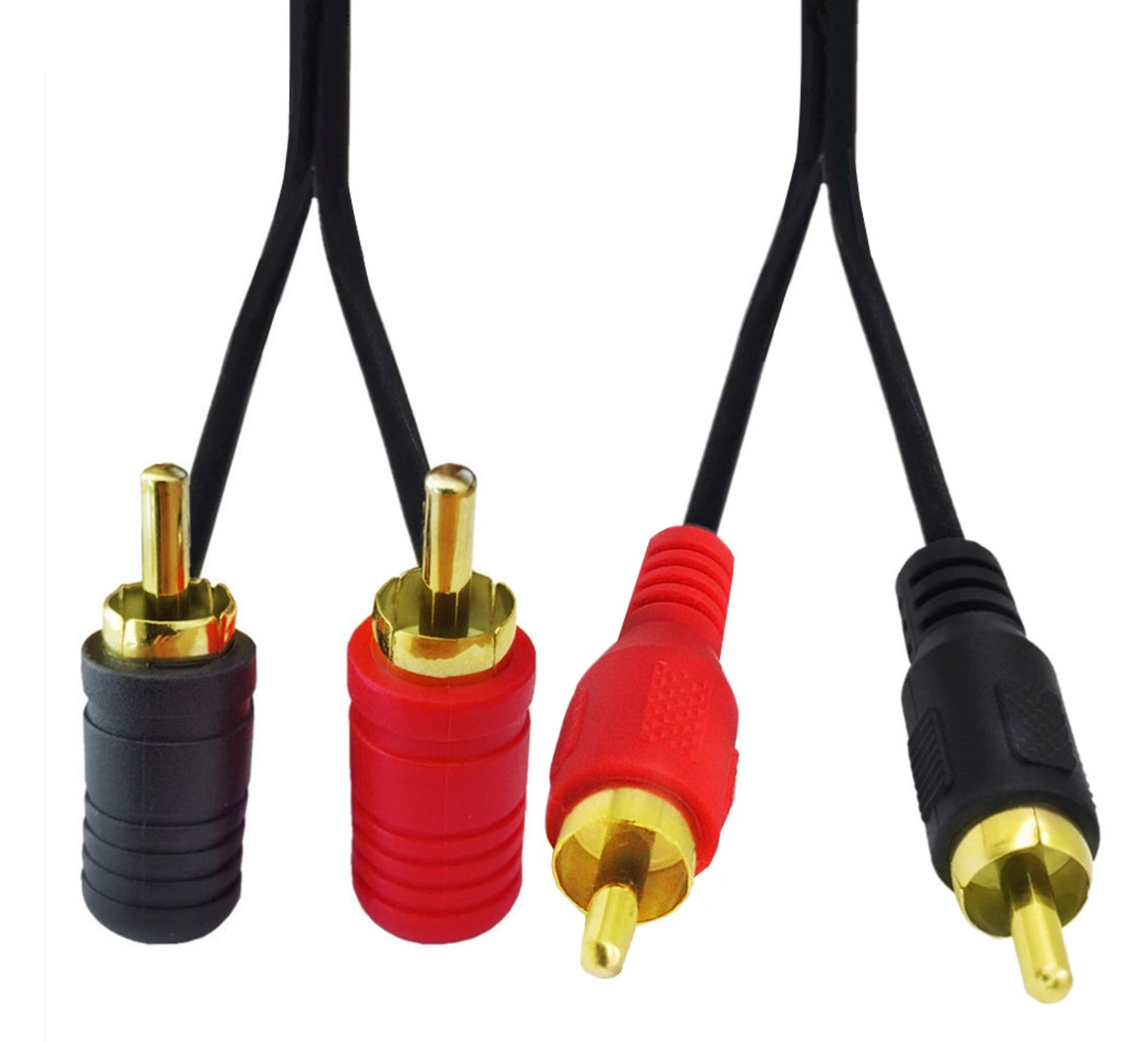 Dual RCA male to dual RCA male right-angle stereo audio cable with gold-plated connectors