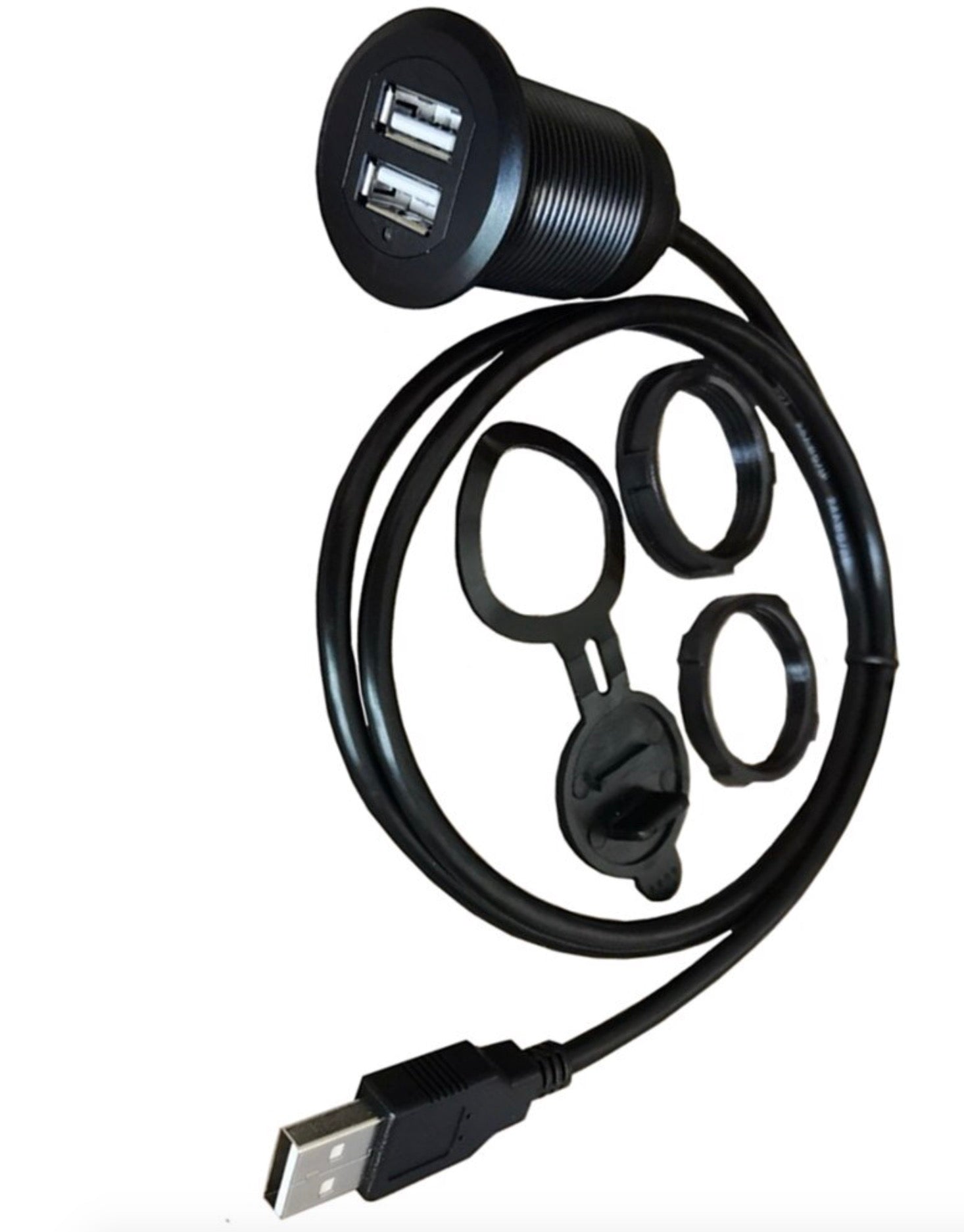 Dual USB panel mount extension cable installed in a vehicle dashboard